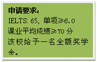 文本框: 申请要求：IELTS: 65, 单项≥6.0课业平均成绩≥70分该校给予一名全额奖学金。